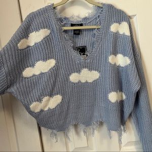Just Polly Blue Knit Sweater with Cloud Print